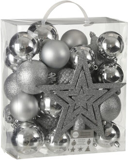 House of Seasons 39x stuks kunststof kerstballen en kerstornamenten met ster piek zilver mix