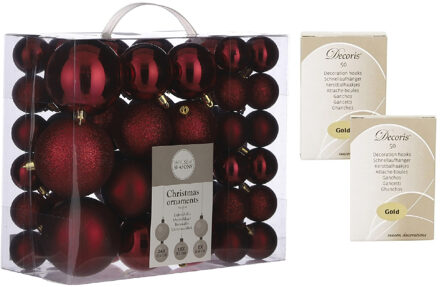 House of Seasons 46x stuks kunststof kerstballen donkerrood 4, 6 en 8 cm inclusief kerstbalhaakjes - Kerstbal