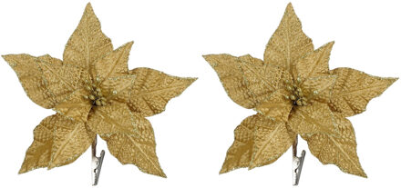 House of Seasons Decoratie bloemen op clip - 2x stuks - goud - 18 cm - polyester fluweel