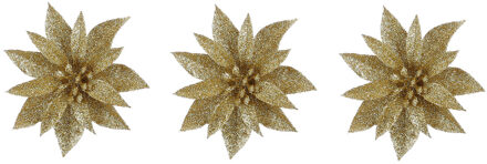 House of Seasons Decoratie bloemen op clip - 3x stuks - goud - 10 cm - kunststof