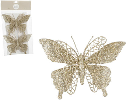 House of Seasons Decoratie vlinders op clip - 2x stuks - champagne - 16 cm - kunststof