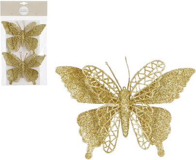 House of Seasons Decoratie vlinders op clip - 2x stuks - goud - 16 cm - kunststof