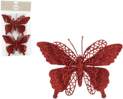 House of Seasons Decoratie vlinders op clip - 2x stuks - rood - 16 cm - kunststof