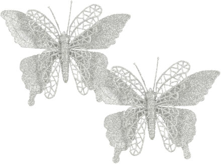 House of Seasons Decoratie vlinders op clip - 2x stuks - zilver - 16 cm - kunststof