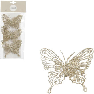House of Seasons Decoratie vlinders op clip - 3x stuks - champagne - 10 cm - kunststof