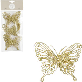 House of Seasons Decoratie vlinders op clip - 3x stuks - goud - 10 cm - kunststof