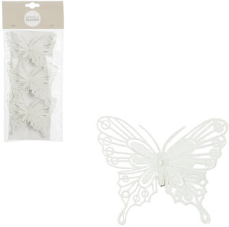 House of Seasons Decoratie vlinders op clip - 3x stuks - wit - 10 cm - kunststof