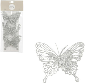 House of Seasons Decoratie vlinders op clip - 3x stuks - zilver - 10 cm - kunststof