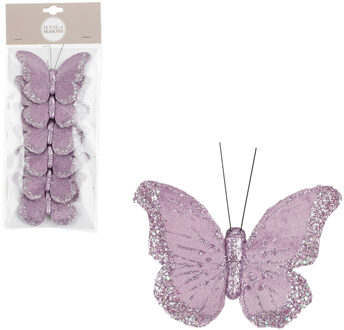 House of Seasons Decoratie vlinders op clip - 6x stuks - lila paars - 10 cm - organza