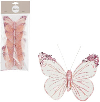 House of Seasons Decoratie vlinders op clip - 6x stuks - roze/wit - 10 cm - organza