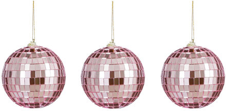 House of Seasons disco kerstballen - 3x - roze - 8 cm - foam - Kerstbal