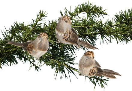 House of Seasons kerst mussen - 3x -decoratie vogels op clip - 4,5 cm - Kersthangers Bruin