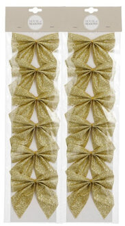 House of Seasons Kerst ornamenten strikken - 12x st - goud - 10 x 12 cm - kerstboomstrikjes