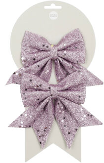 House of Seasons Kerst ornamenten strikken - 2x st - lila paars - 12 x 13 cm - glitter strikjes