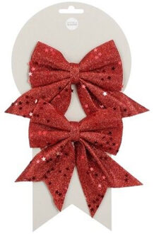 House of Seasons Kerst ornamenten strikken - 2x st - rood met glitter - 12 x 13 cm - kerstboomstrikjes