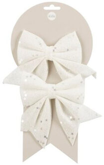 House of Seasons Kerst ornamenten strikken - 2x st - wit met glitter - 12 x 13 cm - kerstboomstrikjes
