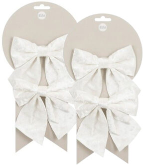 House of Seasons Kerst ornamenten strikken - 4x st - wit - 12 x 13 cm - kerstboomstrikjes