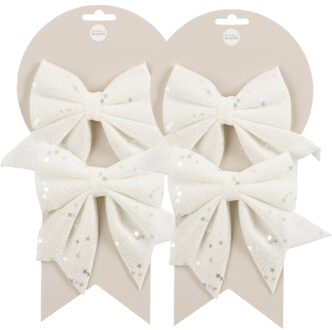 House of Seasons Kerst ornamenten strikken - 4x st - wit - 12 x 13 cm - polyester - kerstboomstrikjes