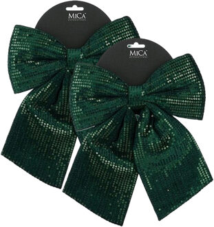 House of Seasons Kerst strik ornament - 2x - groen - 24 x 28 cm - polyester pailletten - kerststrik - kerstversiering