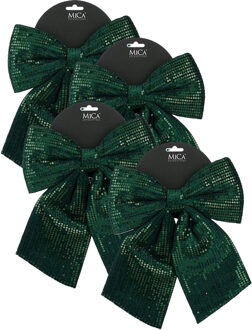 House of Seasons Kerst strik ornament - 4x - groen - 24 x 28 cm - polyester pailletten - kerststrik - kerstversiering