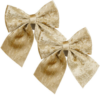 House of Seasons Kerst strik ornamenten - 2x - champagne - 20 x 24 cm - polyester fluweel - kerststrik - kerstversier