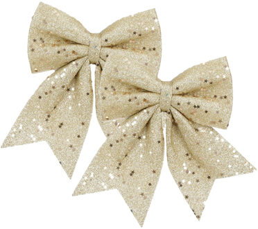 House of Seasons Kerst strik ornamenten - 2x - champagne - 20 x 24 cm - polyester - kerststrik - kerstversiering