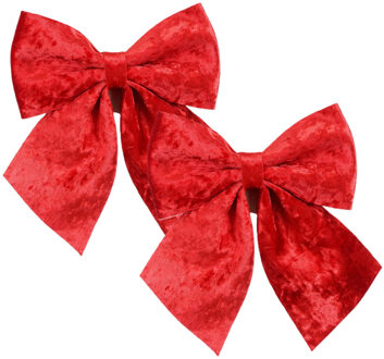 House of Seasons Kerst strik ornamenten - 2x - rood - 20 x 24 cm - polyester fluweel - kerststrik - kerstversiering