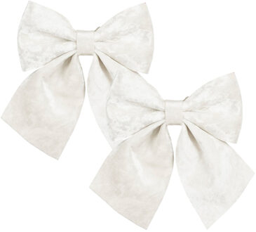 House of Seasons Kerst strik ornamenten - 2x - wit - 20 x 24 cm - polyester fluweel - kerststrik - kerstversiering