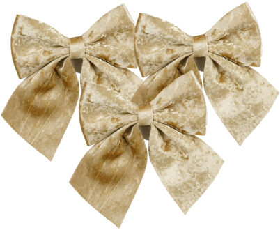 House of Seasons Kerst strik ornamenten - 3x - champagne - 20 x 24 cm - polyester fluweel - kerststrik - kerstversier