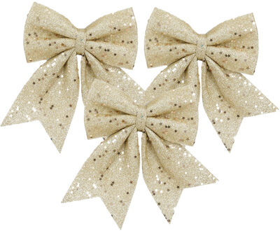 House of Seasons Kerst strik ornamenten - 3x - champagne - 20 x 24 cm - polyester - kerststrik - kerstversiering