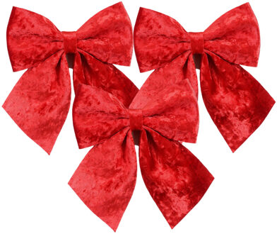 House of Seasons Kerst strik ornamenten - 3x - rood - 20 x 24 cm - polyester fluweel - kerststrik - kerstversiering