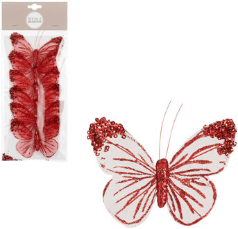 House of Seasons kerst vlinders op clip - 6x stuks - rood/wit - 10 cm - Kersthangers