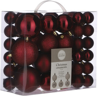 House of Seasons Kerstballenpakket 46x donkerrode kunststof kerstballen mix