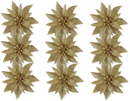 House of Seasons Kerstboom bloemen op clip - 12x stuks - goud - 10 cm - kunststof - kerstornamenten