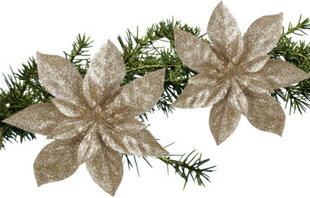 House of Seasons Kerstboom bloemen op clip - 2x stuks - champagne - 15 cm - polystyreen - kerstornamenten