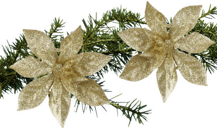 House of Seasons Kerstboom bloemen op clip - 2x stuks - goud - 15 cm - polystyreen - kerstornamenten