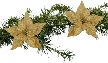 House of Seasons Kerstboom bloemen op clip - 2x stuks - goud - 18 cm - polyester fluweel - kerstster