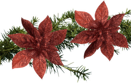 House of Seasons Kerstboom bloemen op clip - 2x stuks - rood - 15 cm - polystyreen - kerstornamenten