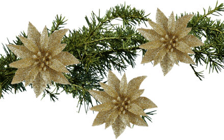 House of Seasons Kerstboom bloemen op clip - 3x stuks - goud - 10 cm - kunststof - kerstornamenten