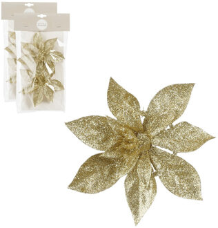 House of Seasons Kerstboom bloemen op clip - 4x stuks - goud - 15 cm - polystyreen - kerstornamenten