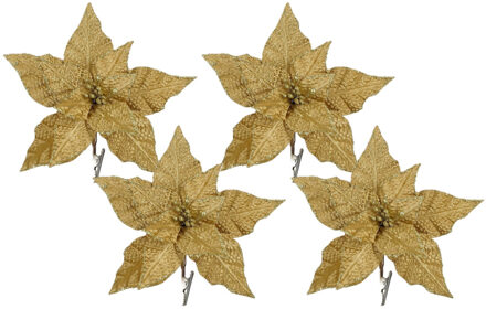 House of Seasons Kerstboom bloemen op clip - 4x stuks - goud - 18 cm - polyester fluweel - kerstster