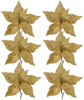 House of Seasons Kerstboom bloemen op clip - 6x stuks - goud - 18 cm - polyester fluweel - kerstster