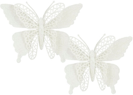 House of Seasons Kerstboomversiering Vlinder - 2x stuks - 16 cm - wit glitter - op clip