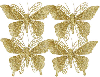 House of Seasons Kerstboomversiering Vlinder - 4x stuks - 16 cm - goud glitter - op clip