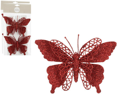 House of Seasons Kerstboomversiering Vlinder - 4x stuks - 16 cm - rood glitter - op clip