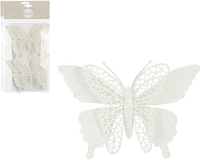 House of Seasons Kerstboomversiering Vlinder - 4x stuks - 16 cm - wit glitter - op clip