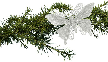 House of Seasons Kerstboomversiering Vlinder - 4x stuks - 16 cm - zilver glitter - op clip