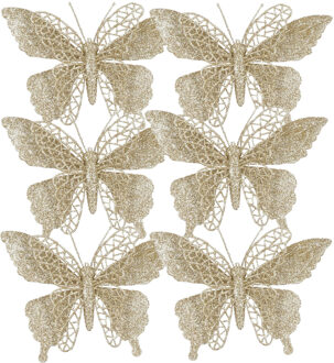 House of Seasons Kerstboomversiering Vlinder - 6x stuks - 16 cm - champagne glitter - op clip