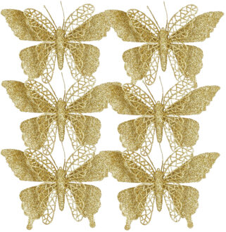 House of Seasons Kerstboomversiering Vlinder - 6x stuks - 16 cm - goud glitter - op clip