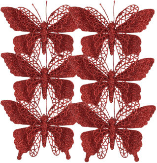 House of Seasons Kerstboomversiering Vlinder - 6x stuks - 16 cm - rood glitter - op clip